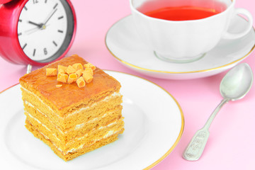 Cake with Condensed Milk, Nuts and Honey. Tea, Tableware.