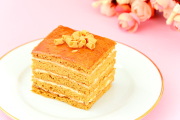Delicious Honey Cake Decorated with Chocolate.
