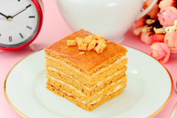 Delicious Honey Cake Decorated with Chocolate.