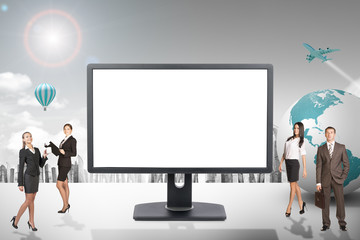 Buisnesspeople with blank screen monitor