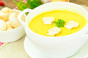 Puree Cream Soup of Zucchini with Mushrooms.