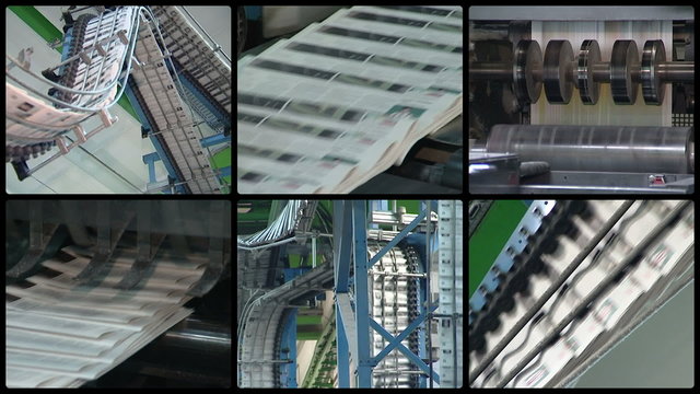 Newspapers printing technology. Machine printing daily press. Produce paper press. Montage of different video footage clips collage. Split screen. Black round corner frame. Full HD 1080p.
