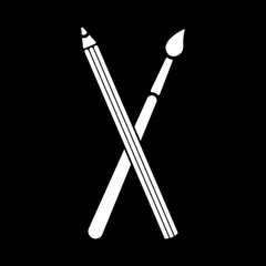 The crossing pencil with a brush icon. Painting and drawing symbol. Flat