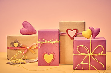 Love hearts, Valentines Day. Handcraft gift boxes