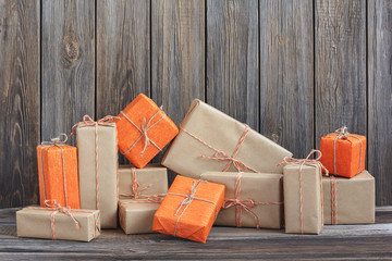 Vintage packages against the background of the old wooden boards