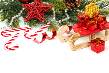 Bright christmas composition with sledge