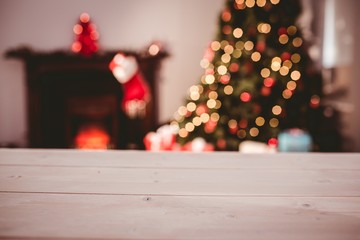 Desk with christmas tree in background
