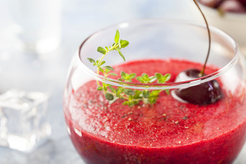 Cherry cold soup, gaspacho, gazpacho, smoothie in a glass