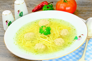 Healthy and Diet Food: Chicken Soup with Meatballs.