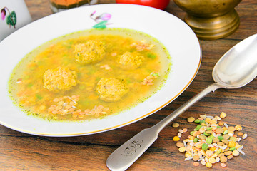 Healthy and Diet Food: Soup with Lentils and Meatballs.