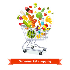 Full shopping grocery cart exploding with goods © iconicbestiary
