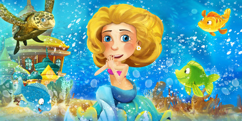Cartoon ocean and the mermaid with her friends - underwater animals - illustration for the children