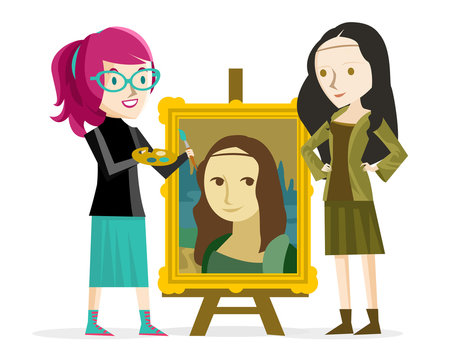 mujer pintando la Mona Lisa con modelo vivo