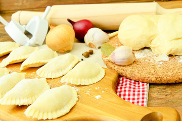 Raw Homemade Dumplings, Russian Pelmeni.