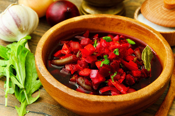 Healthy Food: Soup with Beets, Green Beans and Vegetables.