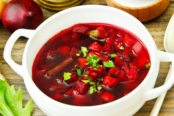 Healthy Food: Soup with Beets, Green Beans and Vegetables.