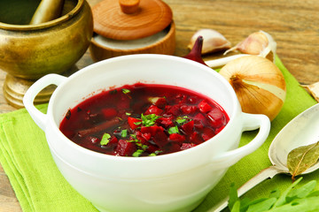 Healthy Food: Soup with Beets, Green Beans and Vegetables.