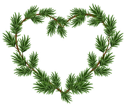 Christmas heart frame spruce branches. Template for Christmas card