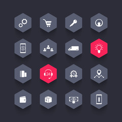 E-commerce, online shopping, online store hexagon icons pack, vector illustration
