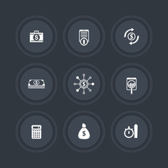 finance, investments, capital dark round icons set, vector illustration