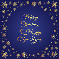 Vector deep blue square background with frame of elegant golden snowflakes and script type text: Merry Christmas & Happy New Year.