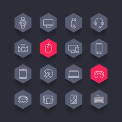 Modern gadgets line hexagon icons, vector illustration