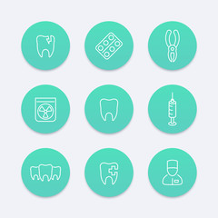 Tooth, dental care, dental pliers, toothcare, stomatology, line aquamarine icons, vector illustration