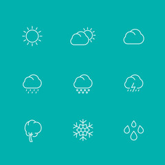 Weather line icons, sunny, cloudy day, rain, hail, snow, wind, isolated set, vector illustration