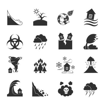 Natural Disasters Monochrome Icons Set 