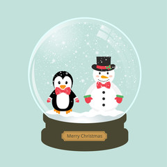 christmas snow globe with snowman and penguin