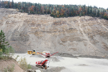 Excavator and heavy equipment in stone-pit