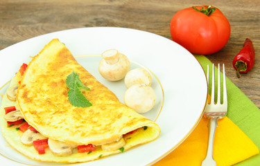 Healthy and Diet Food: Scrambled Eggs with Mushrooms and Vegetab