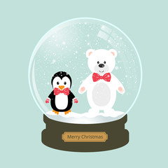 christmas snow globe with bear and penguin