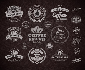 Vector Coffee Labels Isolated Coffee Beans Seamless Background. Premium Coffee Labels And Badges. Best Coffee Label Designs. Coffee Label Template. Vintage Coffee Labels.  Retro Coffee Shops Badges.