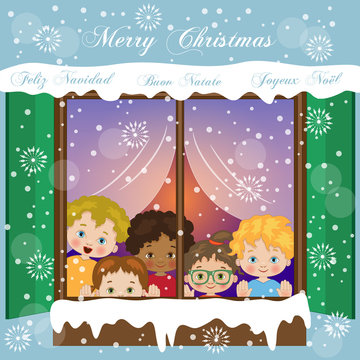 Nevicata con Bambini alla Finestra - Merry Christmas 