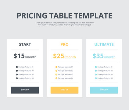 Pricing table template with three plan type - Start, Pro and Ultimate. Website interface template for pricing block. Can be used for website or app. Vector element