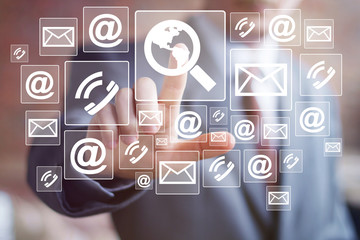 Businessman pushing web button search magnifier network mail