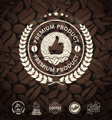 Vector Coffee Labels Isolated Coffee Beans Seamless Background. Premium Coffee Labels And Badges. Best Coffee Label Designs. Coffee Label Template. Vintage Coffee Labels.  Retro Coffee Shops Badges.