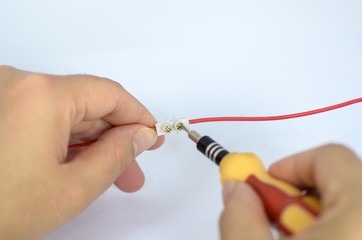 hand work connecting wiring cable