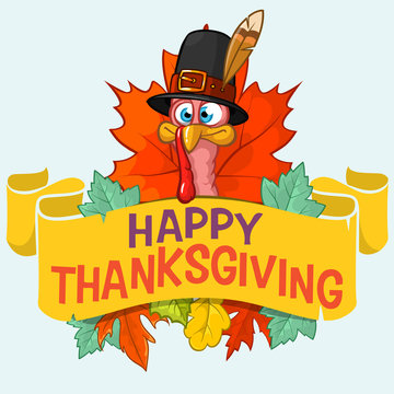 Happy thanksgiving turkey with autumn leaves, vector card