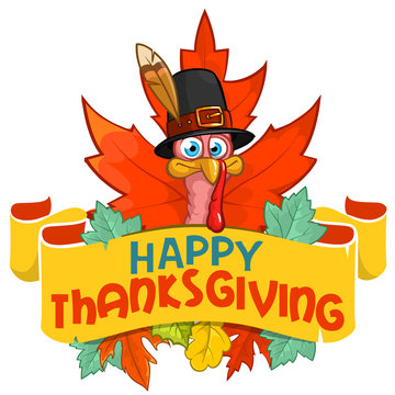 Happy thanksgiving turkey in pilgrim hat with autumn leaves, vector card