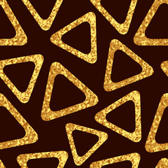 Geometric background with golden triangles. Sparkling seamless pattern.