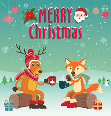 Vintage Christmas poster design with reindeer & fox