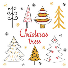Obraz premium Set of cute Christmas trees. Vector doodle collection.
