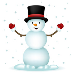 Realistic Snowman Happy Cartoon  New Year Toy Character Icon Isolated on Snowflakes Background Vector Illustration