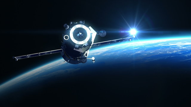 Flight Of Space Station On The Background Of The Sun. 3D Animation.