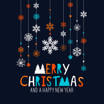 Merry Christmas Decorations. Hanging snowflake decorations and merry christmas sign. Vector illustration.