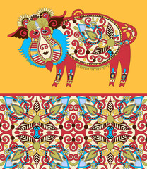 folk ethnic animal - wild boar with seamless geometry vintage pa