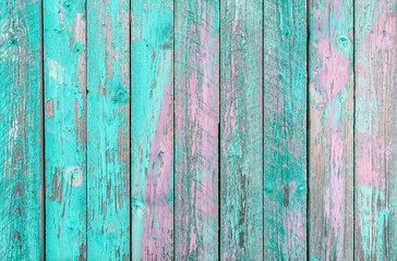 Fototapeta na wymiar Aquamarine and purple wooden planks background - Colorful outer fence deteriorated by time - Closeup of wood board painted surface - Fashion background with vintage color - Original colors 