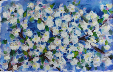 large spring white flowers on the branch of a tree, oil painting